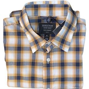Nordstrom Men’s Tech Trim Fit Plaid Button up Shirt Tan Cinnamon Size Medium